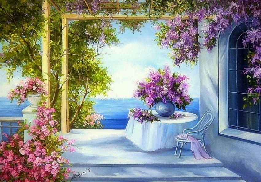 Blue Dawn, blue, chair, oceans, attractions in dreams, paintings, balcony, summer, love four seasons, dawn, nature, flowers HD wallpaper