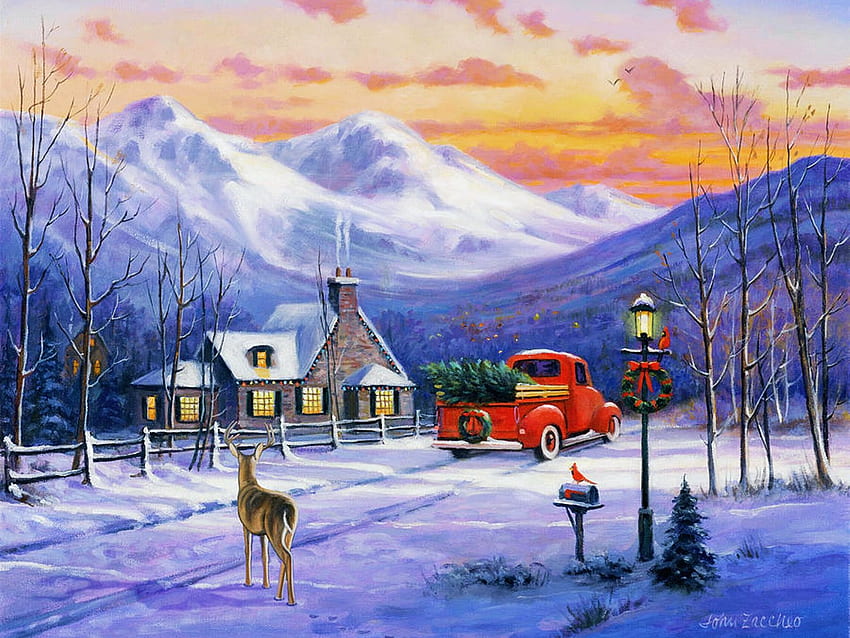 赤いトラックと鹿、絵画、雪、道路、空、コテージ、山、日没、冬、装飾、クリスマス 高画質の壁紙