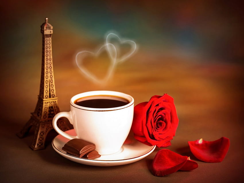 coffee from the heart, coffee, still life, red rose, heart HD wallpaper