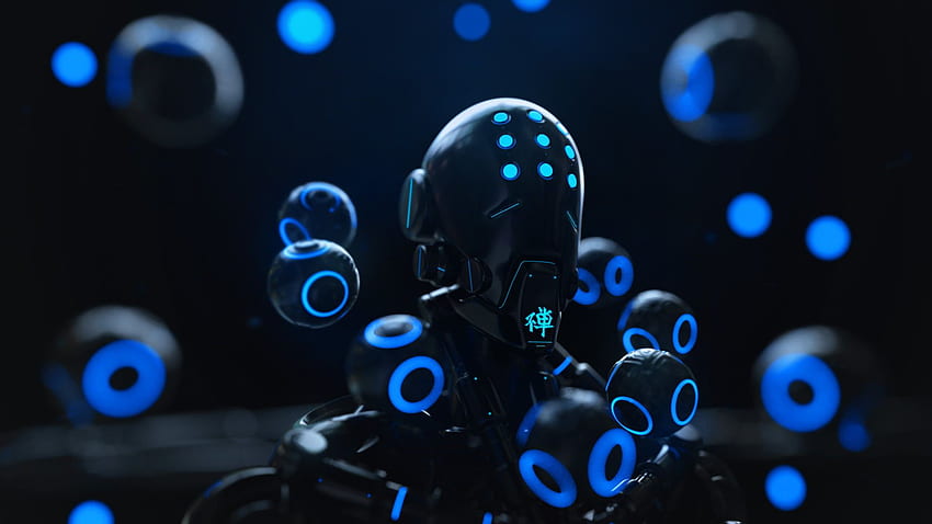 Robot azul y negro, Rakan Khamash, Zenyatta (Overwatch), ornamentado, máquina, 1920X1080 Robot fondo de pantalla