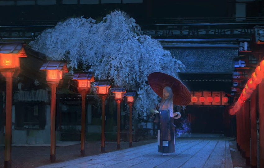 Mädchen, Nacht, Japan, Sakura, Spur, japanische Kleidung, die roten Laternen, Holzhaus, unter dem Regenschirm für , Abschnitt арт HD-Hintergrundbild
