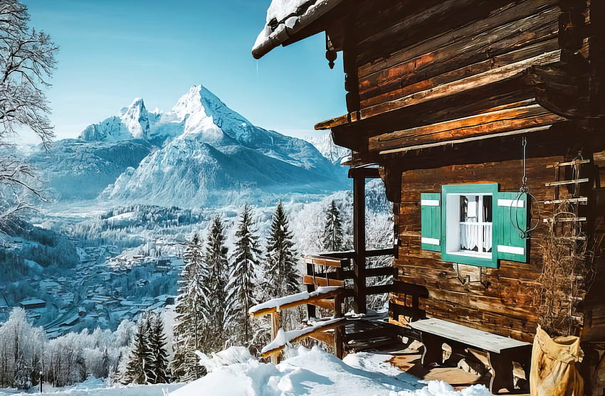 Chata zimowa, śnieg, góra, drewniana, zima, widok, chata, piękna Tapeta HD