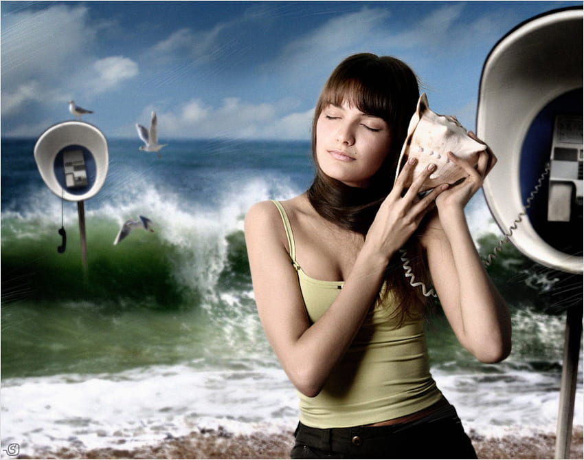 Phone call, sea, waves, birds, girl, woman, female, beach HD wallpaper