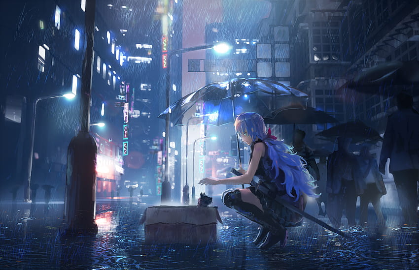 アニメの女の子の雨、アニメの雨の街 高画質の壁紙
