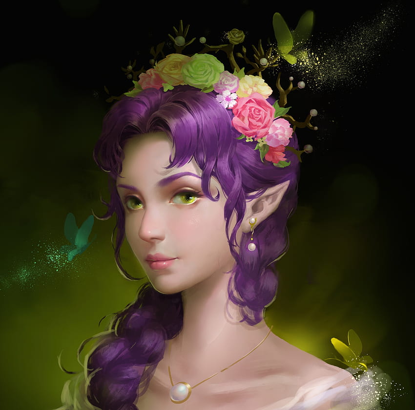 1080p Free Download Elf Girl Frumusete Art Girl Elf Purple Pink Fantasy Flower Green 2358