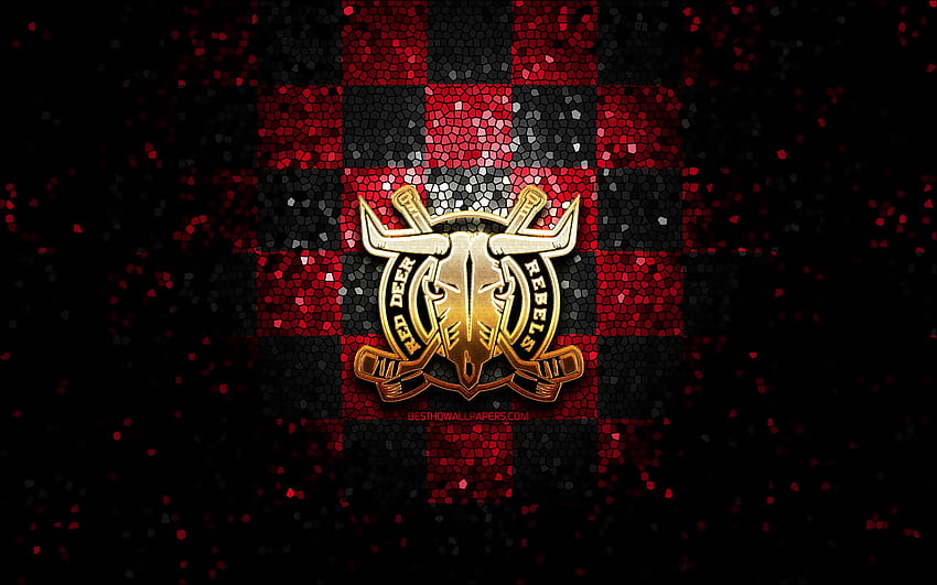 Red Deer Rebels, glitter logo, WHL, red black checkered background, hockey, canadian hockey team, Red Deer Rebels logo, mosaic art, canadian hockey league HD wallpaper