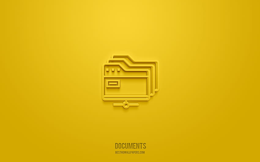3d икона за документи, жълт фон, 3d символи, документи, бизнес икони, 3d икони, знак за документи, бизнес 3d икони HD тапет