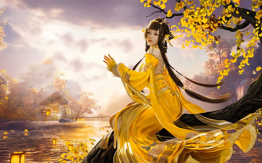 Lanternes magiques, art, fantaisie, jaune, belle, fille, oriental, femme, printemps, numérique Fond d'écran HD