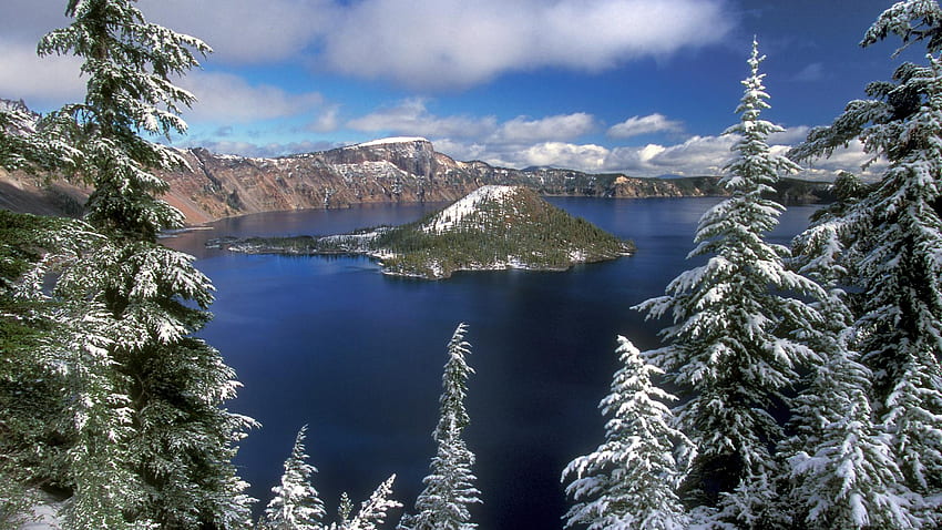 Alpine Lake 2, winter, island, alpine, snow, cool, fir tree, nature, lake HD wallpaper