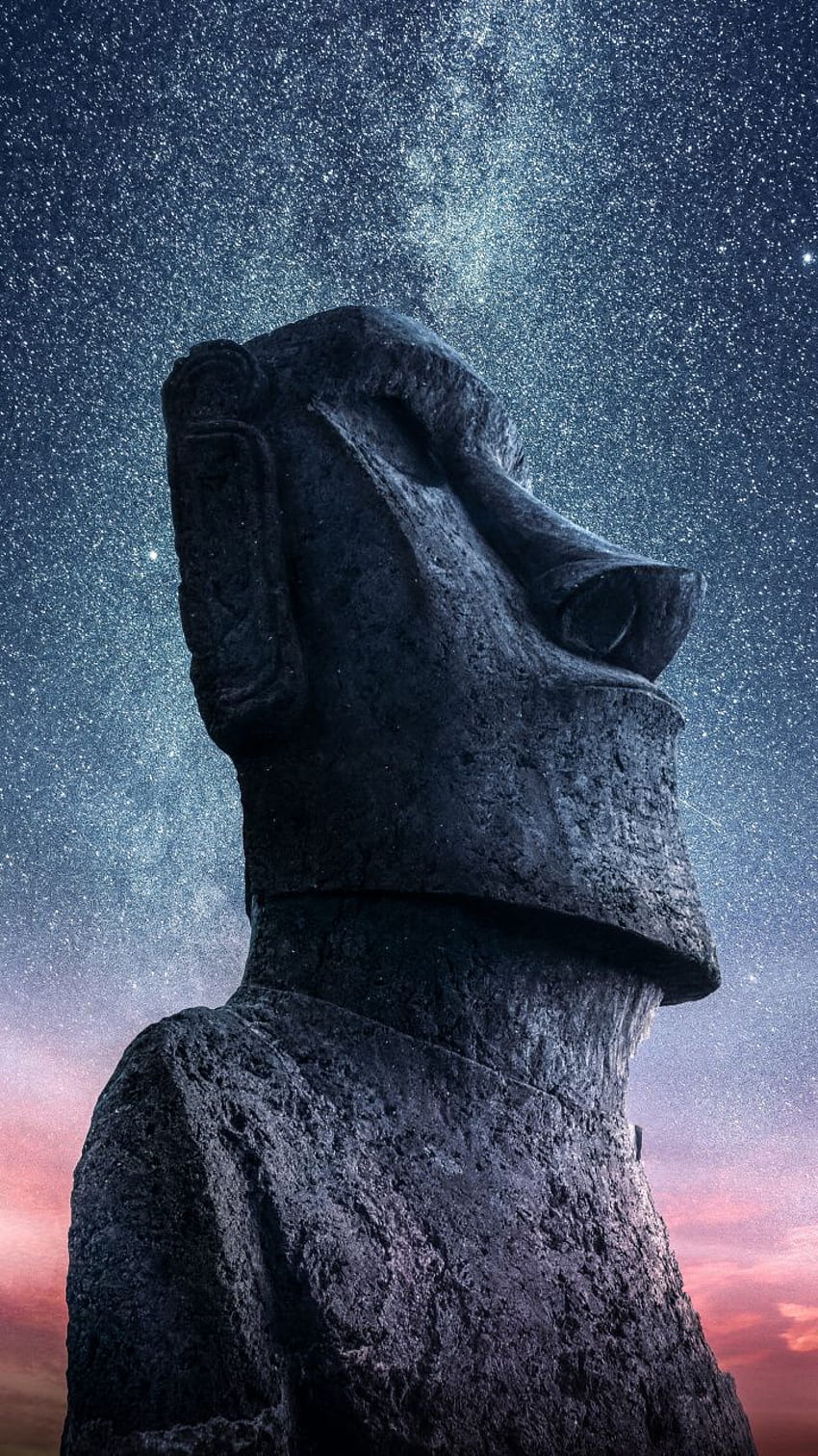 Moai, Statua, Wyspa Wielkanocna, zachód słońca, gwiaździste niebo,. Posągi z wyspy wielkanocnej, starożytni kosmici, wyspa wielkanocna Tapeta na telefon HD