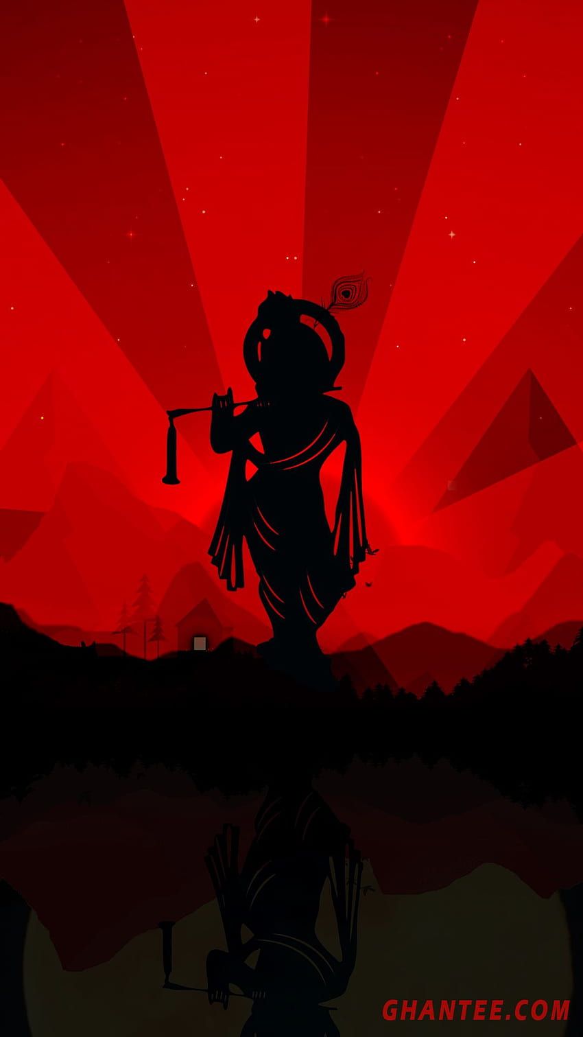 siluet krishna ponsel hitam dan merah – Ghantee, Krishna Black wallpaper ponsel HD