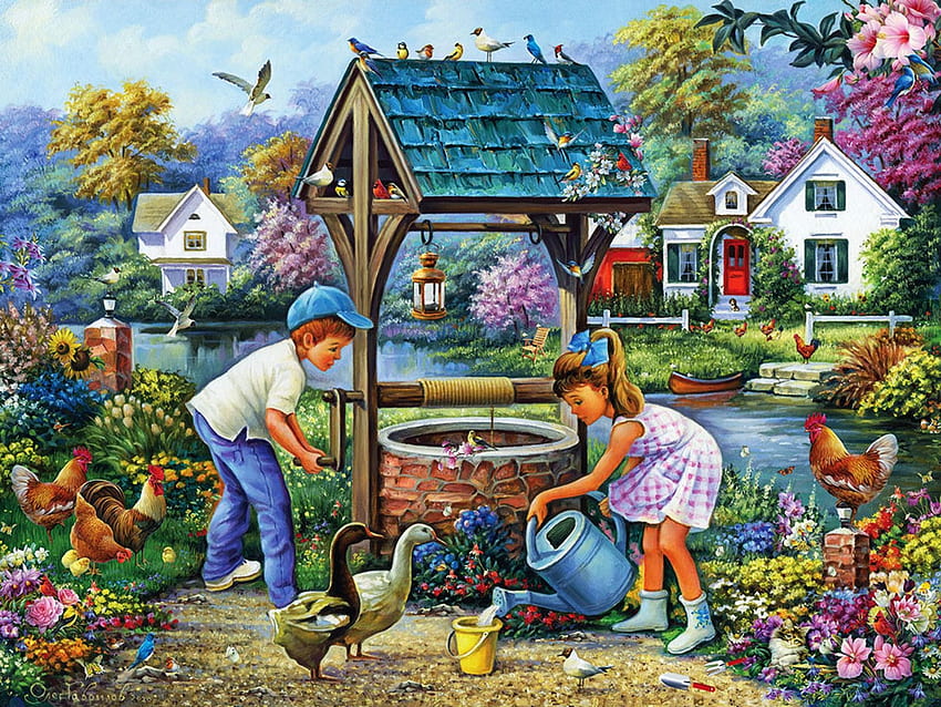 Summer In The Village, well, children, painting, house, garden, flowers, geese HD wallpaper