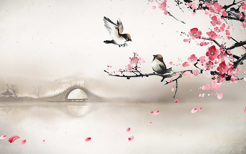 весна, арт, сакура, мост, птички, река, утро, туман, лепестки сакуры, Oriental Flowers HD wallpaper