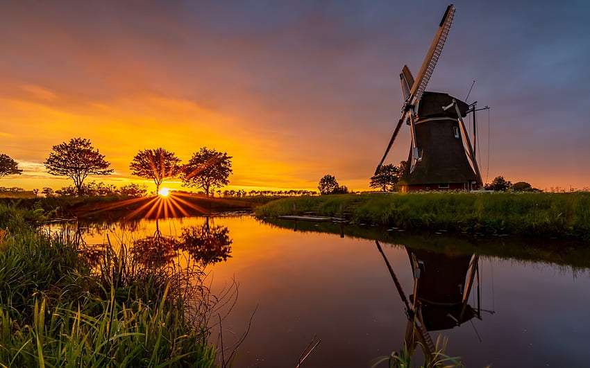 Sunset in Netherlands, windmill, canal, Netherlands, sunset HD wallpaper