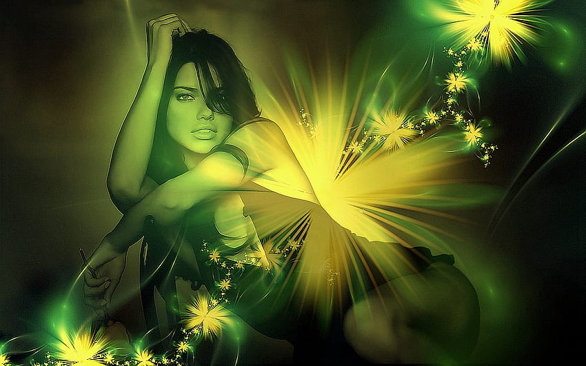 Firework, hot, fantasy, green, woman HD wallpaper