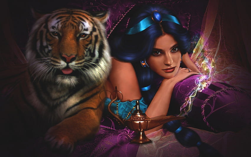 Jasmine, blu, tigre, giovane donna, tigre, adolescente, dinsey, aladin, donna, fantasia, ricca, nobile, principessa, femmina Sfondo HD