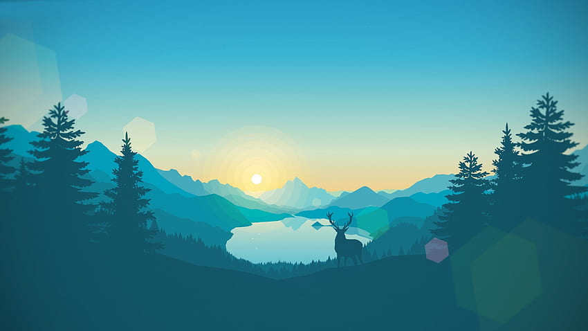 Vector design, landscape, mountains, lake, trees, deer U HD wallpaper