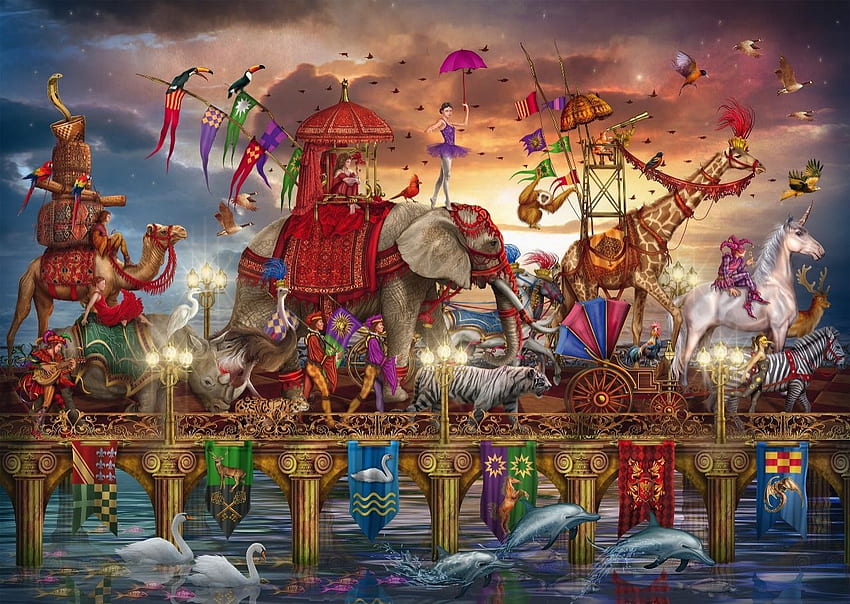 Circus, pictura, elephant, fantasy, art, painting, bridge HD wallpaper