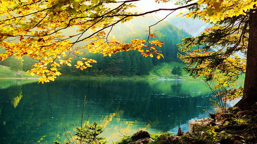 Швейцарските Алпи през октомври, облаци, пейзаж, есен, небе, вода, езеро, дърво, есен, цветове, листа HD тапет