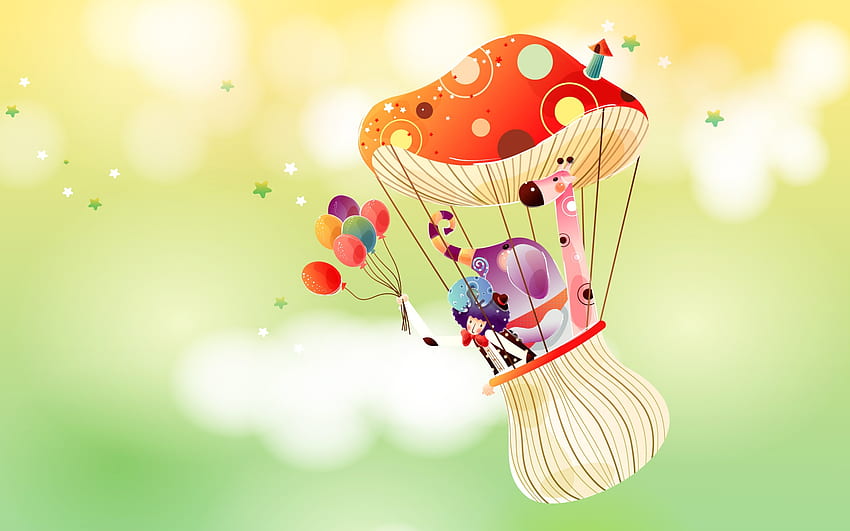 Mushroom balloon, fairy, fantasy, red, hot air balloon, girl, mushroom HD wallpaper