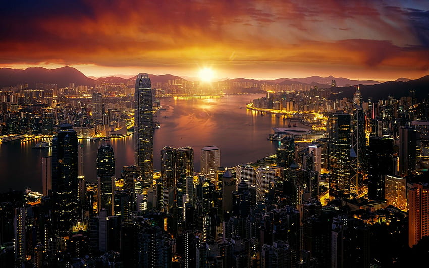 Hong Kong Paysage Urbain Lever Du Soleil Lumières De La Ville Skyline Monde Fond Décran 1763