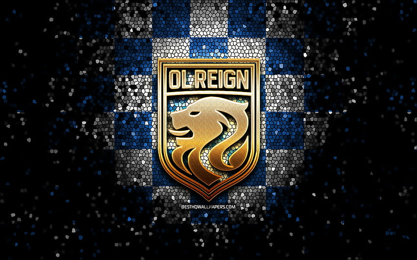 OL Reign FC, glitter logo, NWSL, blue white checkered background, soccer, american football club, OL Reign logo, mosaic art, football, OL Reign HD wallpaper
