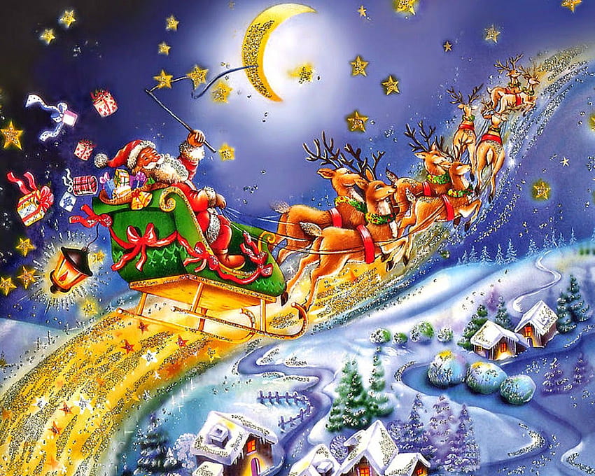 Santa Claus coming to town riding his reindeer sleigh flying in sky, North Pole Christmas HD wallpaper