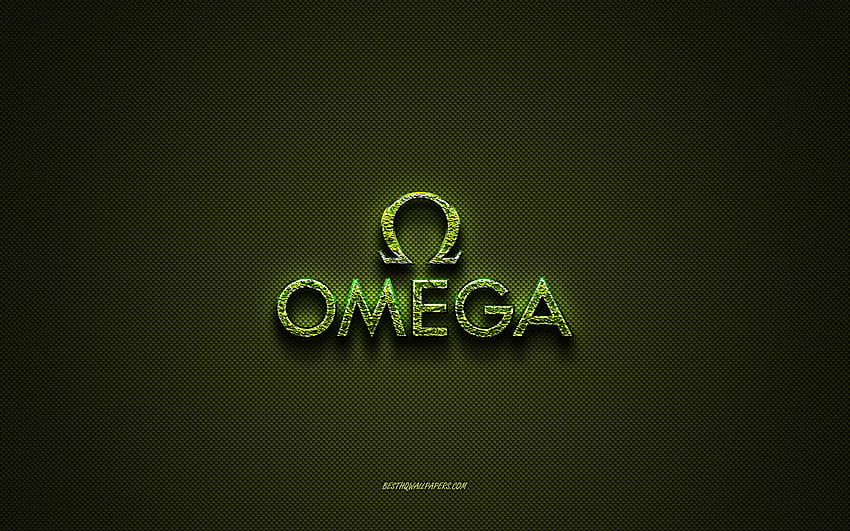 Omega logo, green creative logo, floral art logo, Omega emblem, green carbon fiber texture, Omega, creative art HD wallpaper