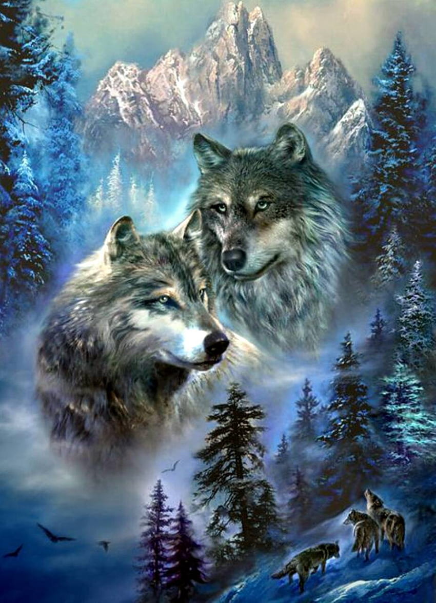山のオオカミの群れ、オオカミの群れ HD電話の壁紙