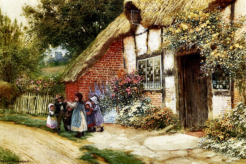 Children Playing Outside a Cottage, little girl, Arthur Strachan, children, architecture, art, landscape, beautiful, illustration, artwork, scenery, wide screen, painting, Strachan, old master, cottage, Tudor HD wallpaper