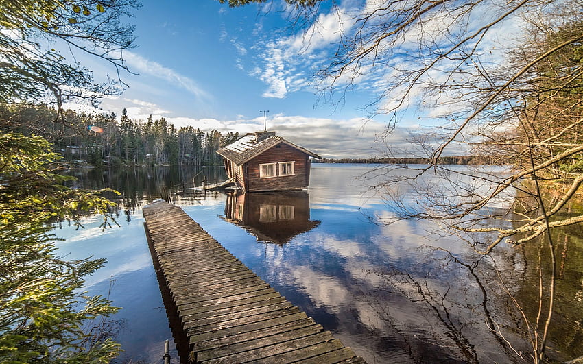 Finland, lake, house, pier, trees, clouds, sky HD wallpaper