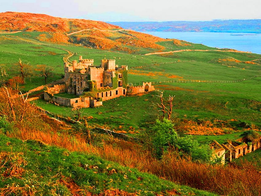 A lonely castle, sea, fall, landscape, colors, autumn, castle, lonely HD wallpaper
