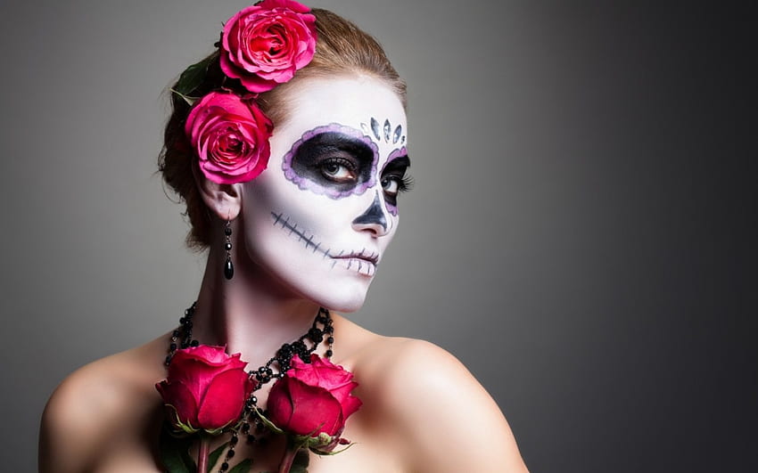 Riasan Halloween, model, gadis, wanita, halloween, mawar, merah muda, riasan, bunga, dia de los muertos Wallpaper HD