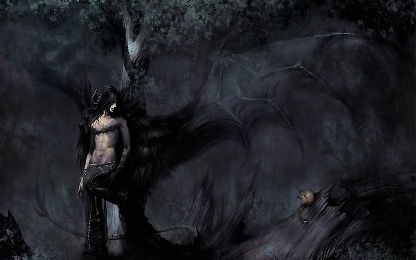 Horns cat demon darkness Guy forest figure wings HD wallpaper