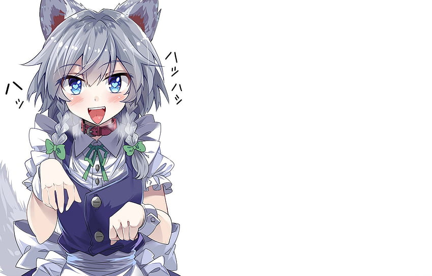 joy, tail, white background, blue eyes, ears, grey hair, the maid, Izayoi Sakuya, Touhou Project, Project East, wolf girl for , section игры HD wallpaper