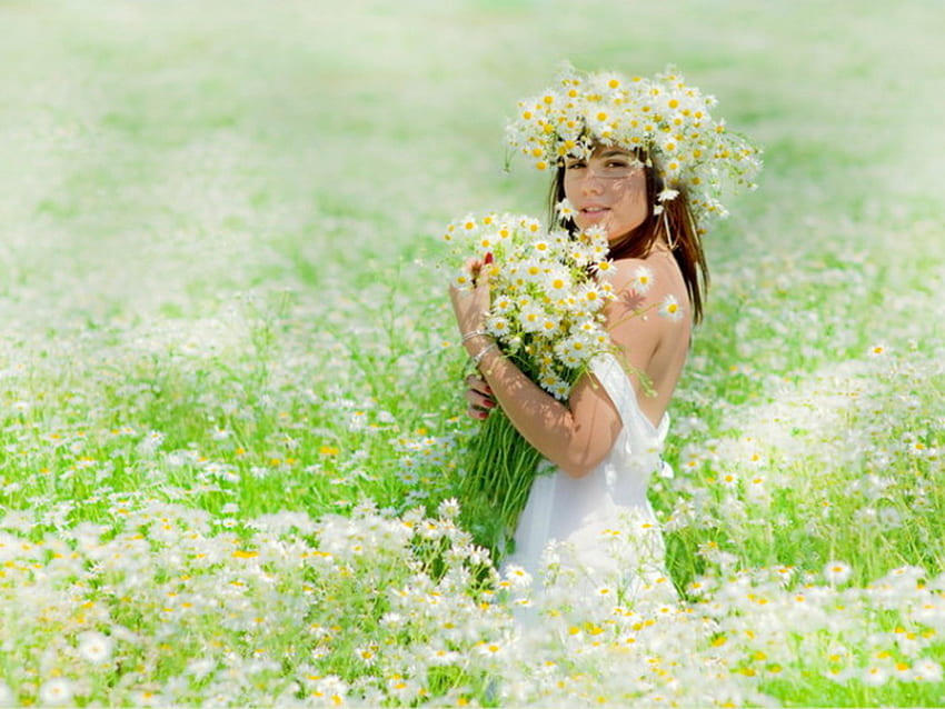 girl, bouquet, field, wreath, flower HD wallpaper