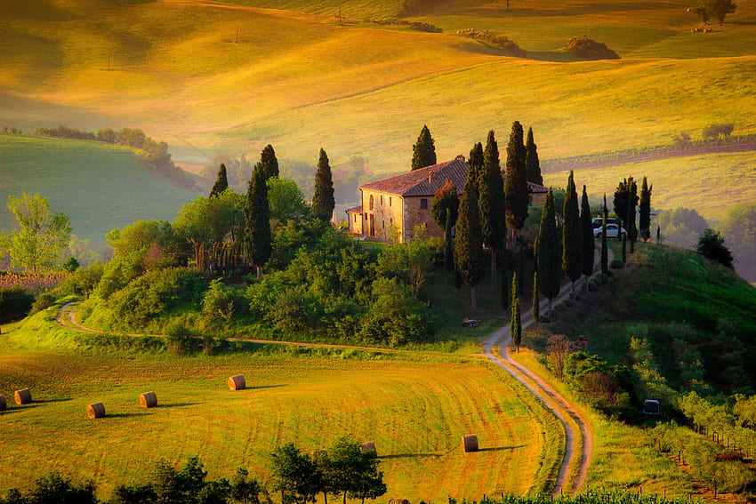 Изглед към Тоскана, Тоскана, пейзаж, изглед, есен, вила, красива, Италия, пътуване HD тапет