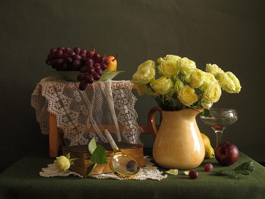 Yellow roses, wine glass, grapes, magnifying glass, lace, books, plum, glass, fruit, sweet, stems, roses, table cloth, vase, beautiful, pear, green, yellow HD wallpaper