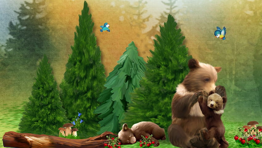 Bears in the Woods, bears, birds, woods, strawberries, frolic, playing, fantasy, story time, trees, whimsical, Mother love, forest HD wallpaper
