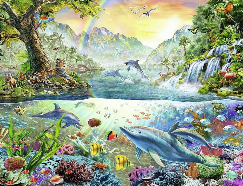 Dolphin's Paradise, Meer, Kunstwerke, Malerei, Landschaft, Blumen, Tiger HD-Hintergrundbild
