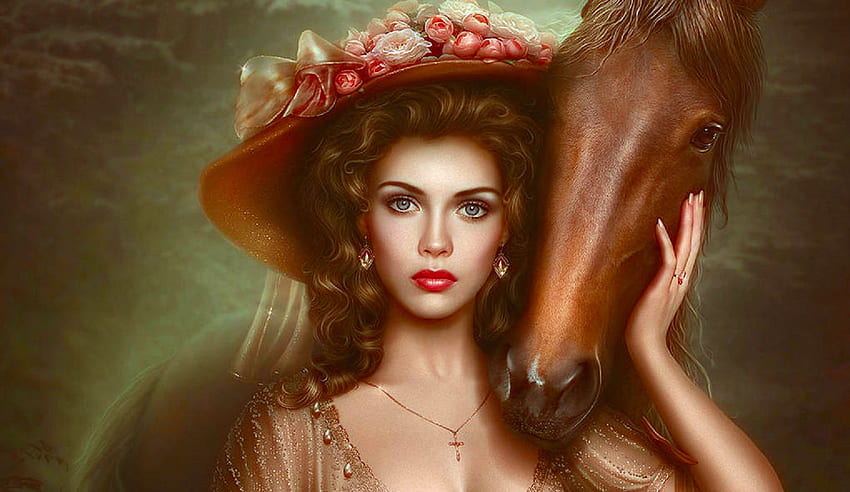Lady and Horse, larionov, horse, flower hat, art, , girl, woman, digital, pretty, fantasy HD wallpaper