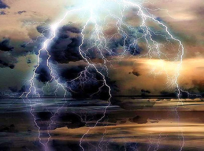 Blitztanz, Reflexionen, Dunkelheit, Blitze, Blitze, Natur, Himmel, Wasser, auffallend, Gewitterwolken HD-Hintergrundbild