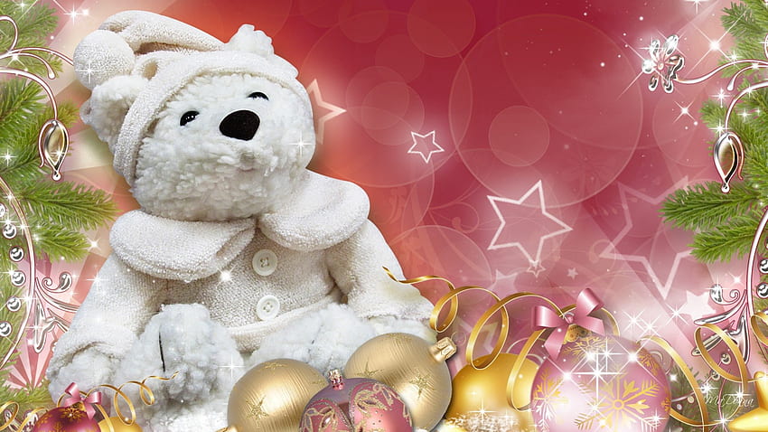 White Teddy Christmas New Year, toy, glow, feliz navidad, glitter, ribbons, balls, bows, stars, stuffed animal, xmas, pink, sparkle, christmas, decorations HD wallpaper