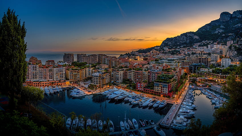 Monaco, Sunrise, Ship, Mountains, Hills, Harbor, Apartments, Ocean, State, Sky, Boats, city, Sunset, Sea, Riviera, Water, Europe, French, Rich, Holiday, Marina HD wallpaper