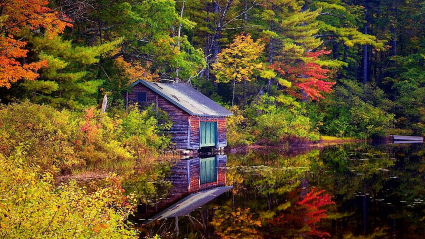 Lake Shore Cabin, de madera, otoño, lago, cabaña, choza, árboles, naturaleza, cabaña, bosque, estanque, follaje fondo de pantalla