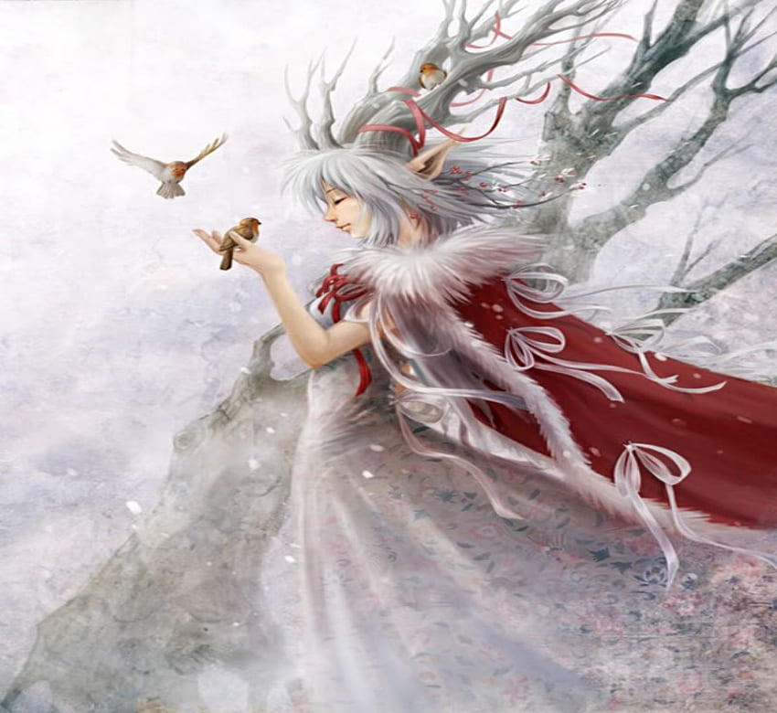 WINTER ELF, musim dingin, burung, salju, elf, pohon Wallpaper HD