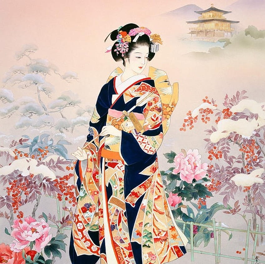 Geisha, kimono, geusha, seni, asia, bunga, fuyune haruyo, gadis, haruyo morita Wallpaper HD