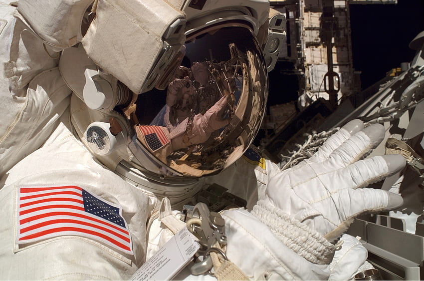 spazio, universo, tuta spaziale, casco, bandiera americana, NASA, astronauta, riflesso, terra, orbite, stazione spaziale / e mobile, bandiera dell'universo Sfondo HD