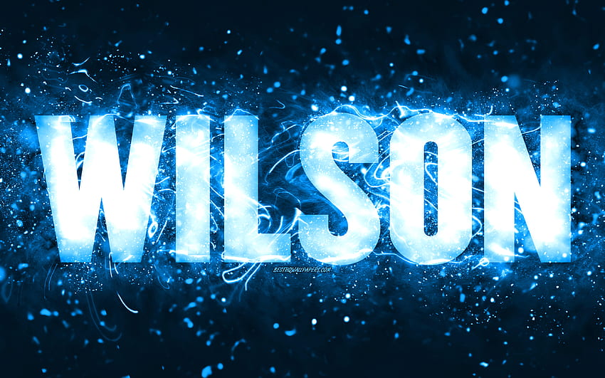 Happy Birtay Wilson, luzes de neon azuis, nome Wilson, criativo, Wilson Happy Birtay, Wilson Birtay, nomes masculinos americanos populares, com nome Wilson, Wilson papel de parede HD