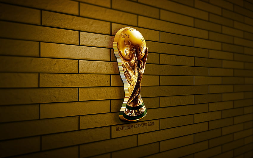 3D FIFA World Cup, , parede de tijolos amarela, criativo, troféus de futebol, FIFA World Cup, arte 3D, ícone da Copa, FIFA, troféus ícone papel de parede HD